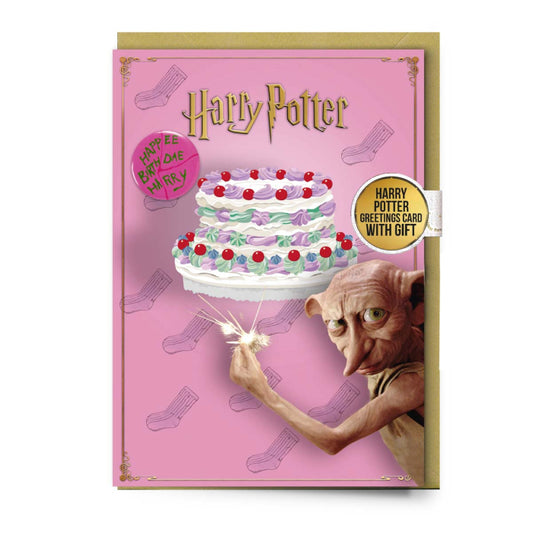 Harry Potter - Grußkarte mit Button Anstecker - Dobby: Alles Gute zum Geburtstag Torte