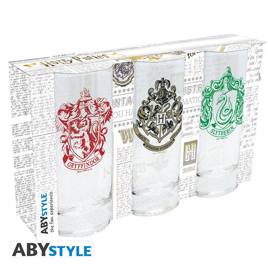 Harry Potter - Glas 3er Set - Hogwarts, Gryffindor u. Slytherin